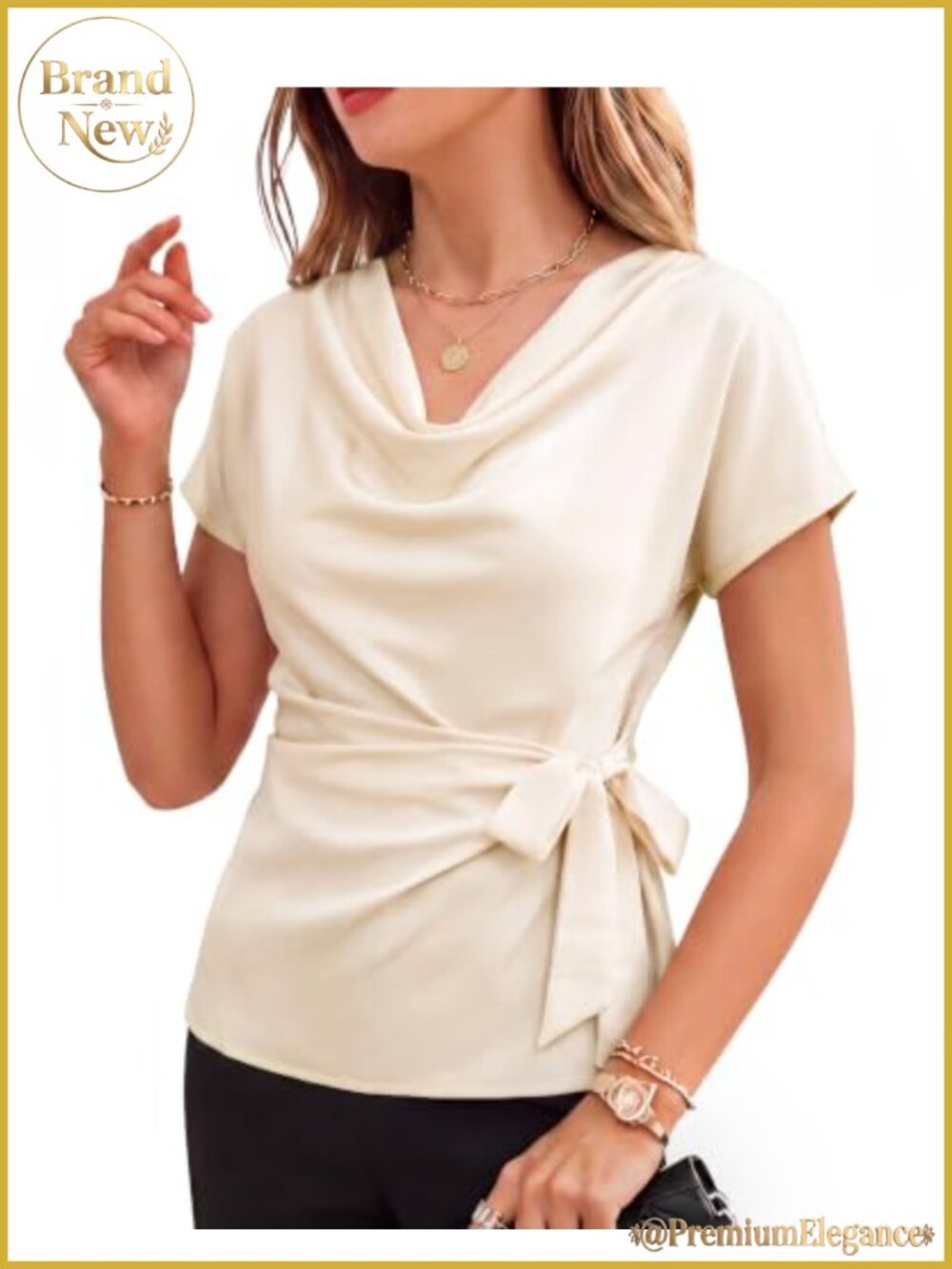 Satin Tie Waist Wrap Blouse Cowl Neck Cap Sleeve Business Casual Top